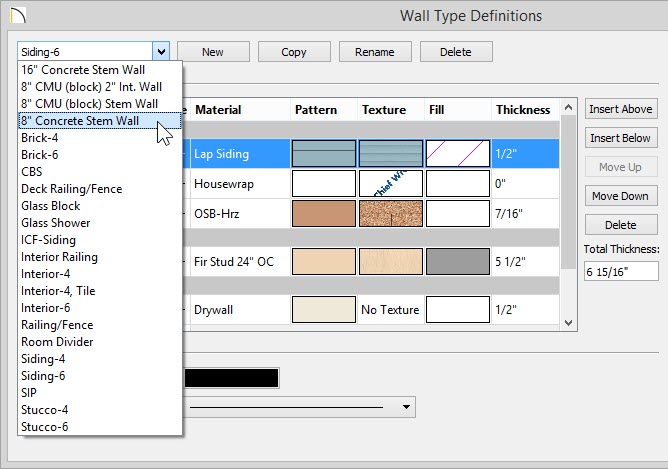 Wall Type Definitions Wall Type Definitions dialog showing 8” Concrete Stem Wall selected from drop-down list