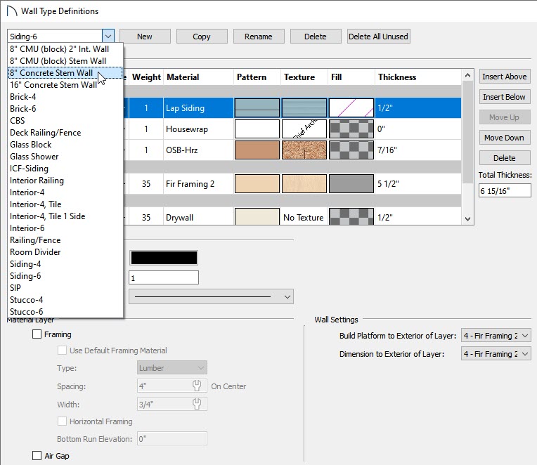 Wall Types Definition Dialog, 8" Concrete Stem wall chosen