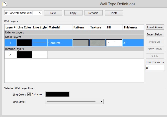 Wall Type Definitions Wall Type Definitions dialog showing 8” Concrete layer as only layer for selected wall type
