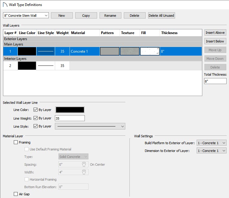 Wall Types Definition Dialog, Editing 8" Concrete Stem Wall