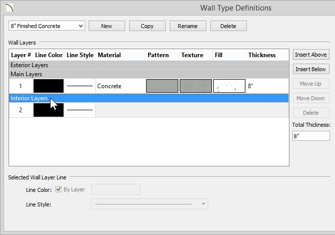 Wall Type Definitions Wall Type Definitions dialog with Interior Layers selected and highlighted
