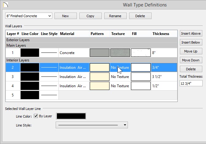 Wall Type Definitions Wall Type Definitions dialog showing three new layers added to the Interior Layers section and each layer’s Thickness has been set