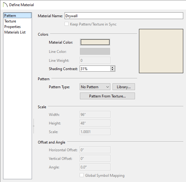 No Pattern is specified for the Pattern Type in the Define Material dialog