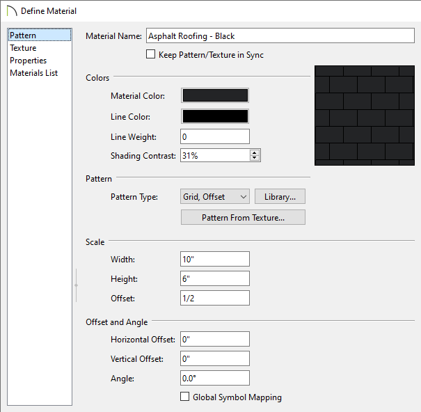 The Grid, Offset pattern is specified for the Pattern Type in the Define Material dialog