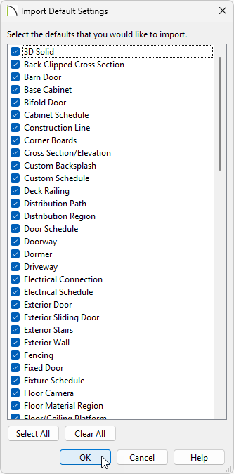 Select the Default Settings you'd like to import and click OK.