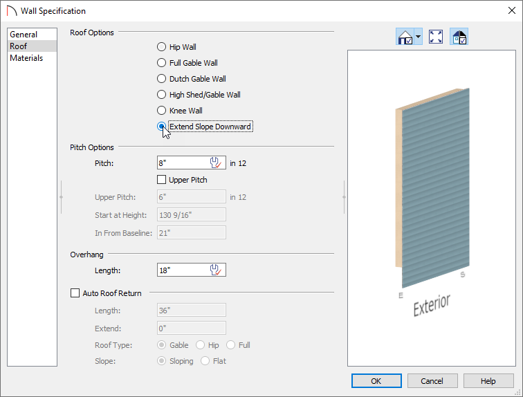 Selecting Extend Slope Downward in the the Wall Specification dialog