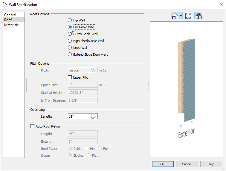 Selecting Full Gable Wall in the Wall Specification dialog