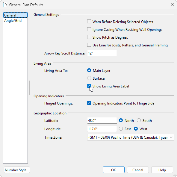 Show Living Area Label checkbox is selected in General Plan Defaults dialog.