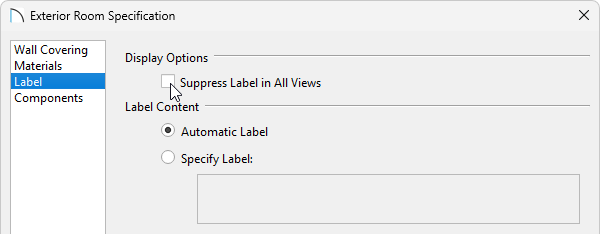 Unchecking the Suppress Label in All Views checkbox in the Exterior Room Specification