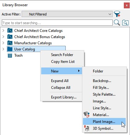 Right-click on User Catalog and select New> Plant Image