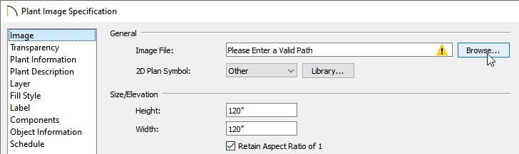 Click the Browse button located on the Image panel of the Plant Image Specification dialog