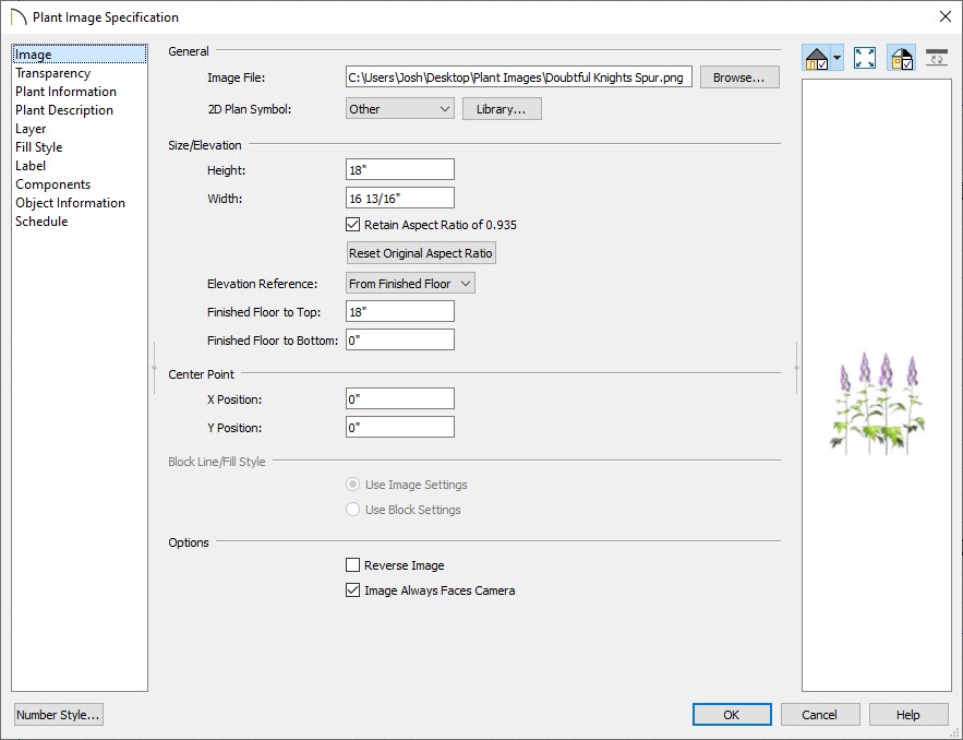 Image panel of the Plant Image Specification dialog