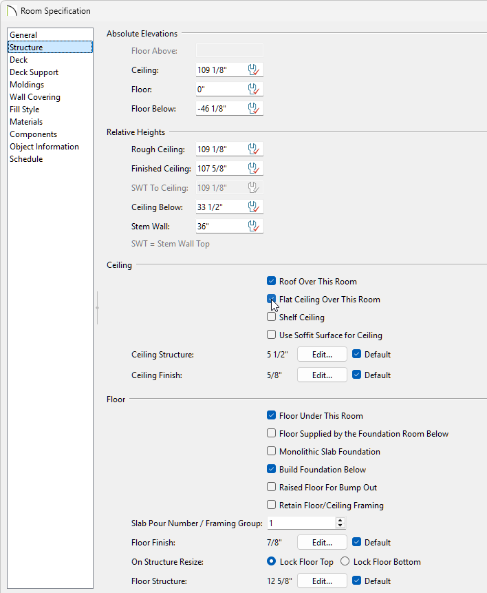 Structure panel of the Room Specification dialog