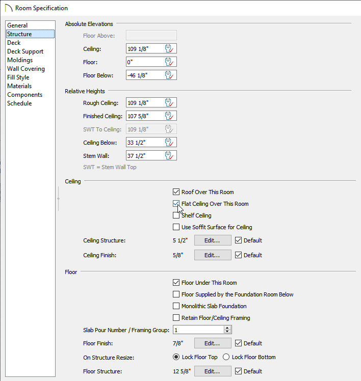 Structure panel of the Room Specification dialog