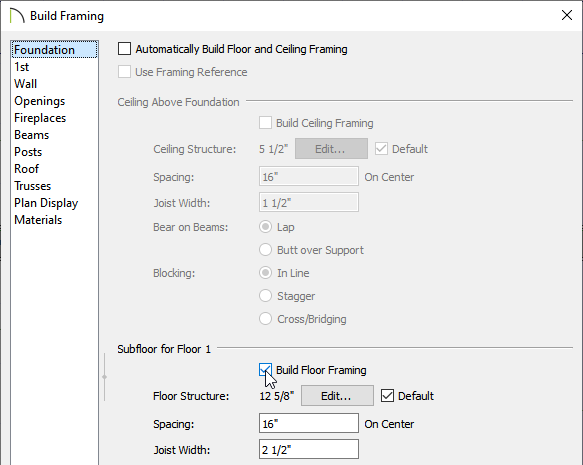 Build Framing dialog with Build Floor Framing option checked