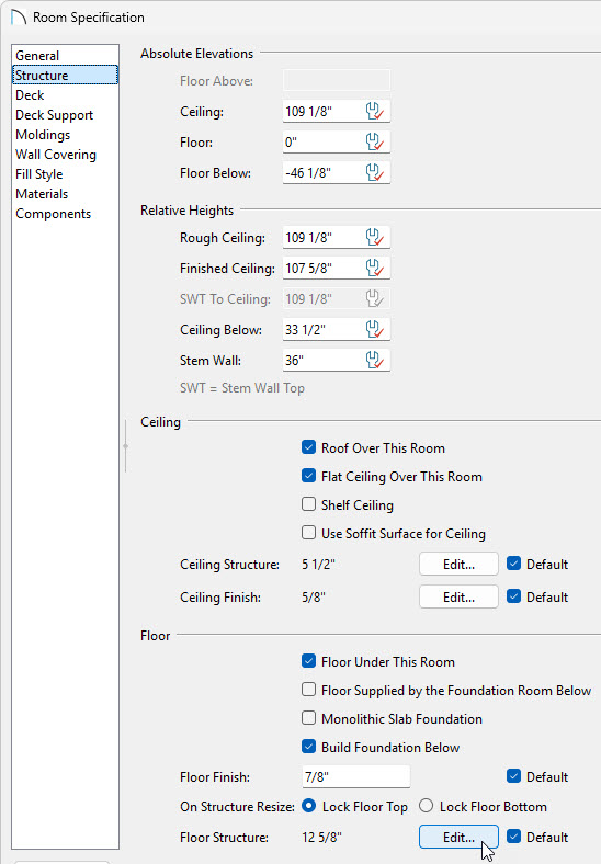 In the Room Specification, on the Structure panel, edit your floor/ceiling structure.