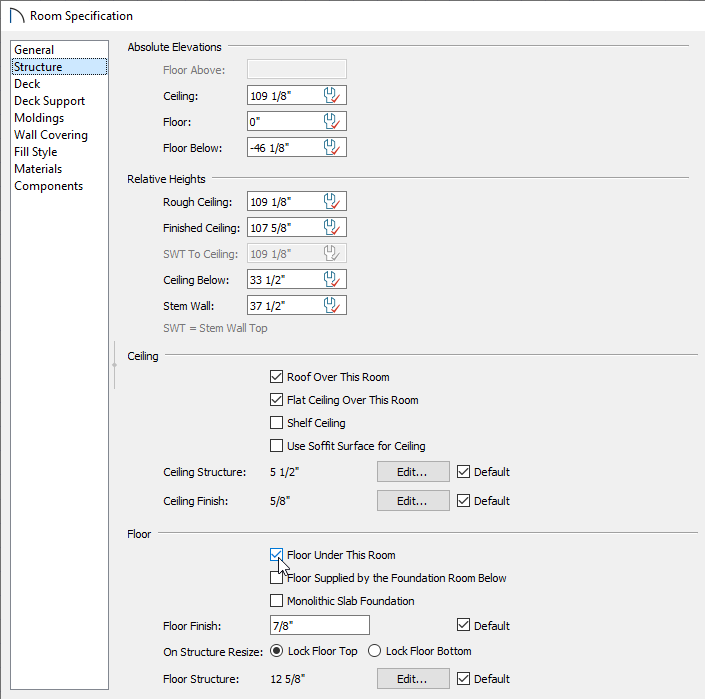 Ensure that certain boxes are checked on the Structure panel of the Room Specification dialog