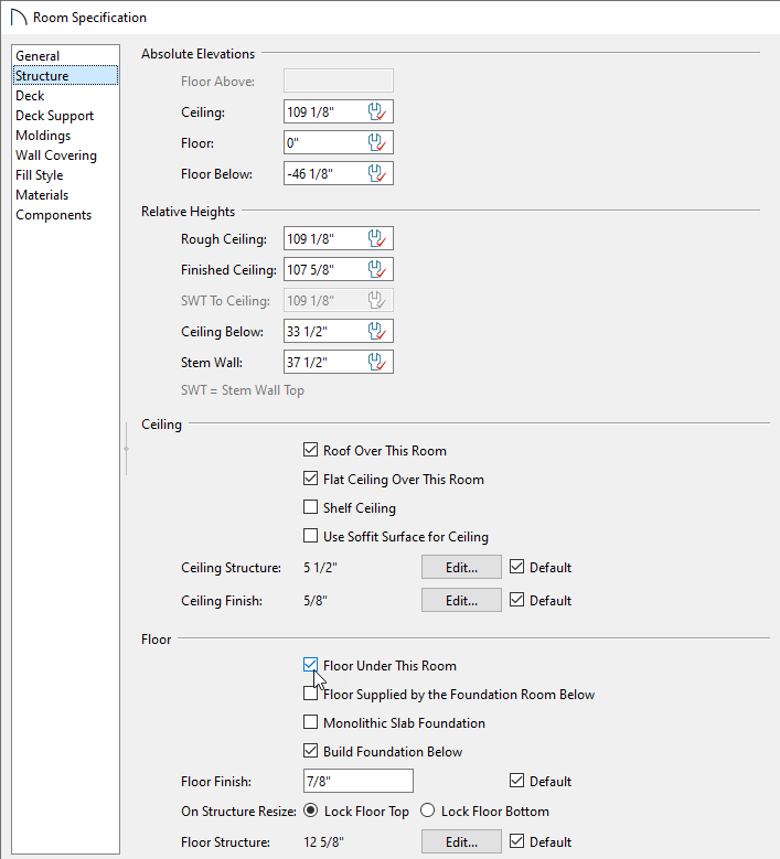 Ensure that certain boxes are checked on the Structure panel of the Room Specification dialog