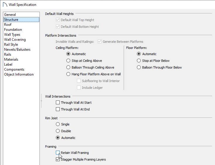Structure panel of the Wall Specification dialog with Retain Wall Framing unchecked