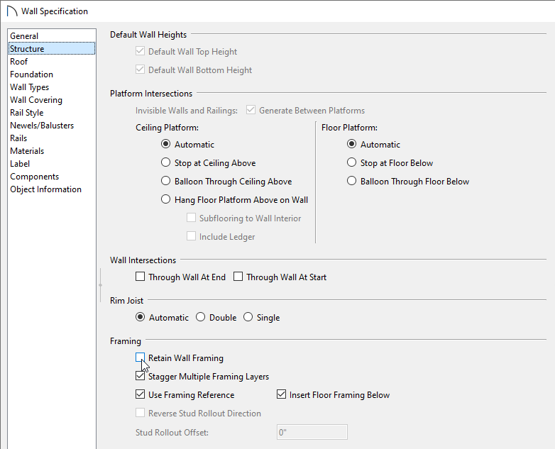 Structure panel of the Wall Specification dialog with Retain Wall Framing unchecked