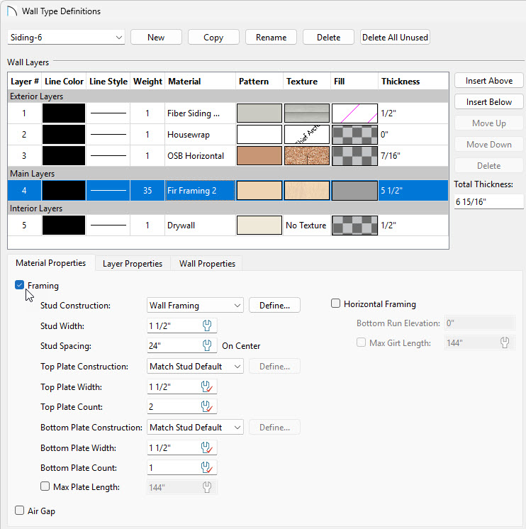 In the Wall Type Definition, select the Framing layer and ensure that the Framing box is checked.