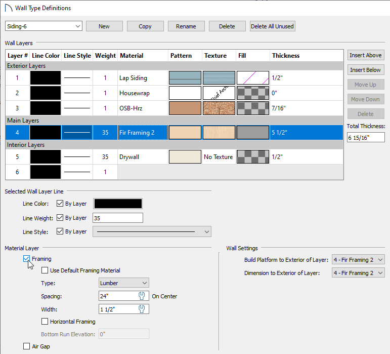 Ensure that the framing layer in the Wall Type Definitions dialog is set to be framing