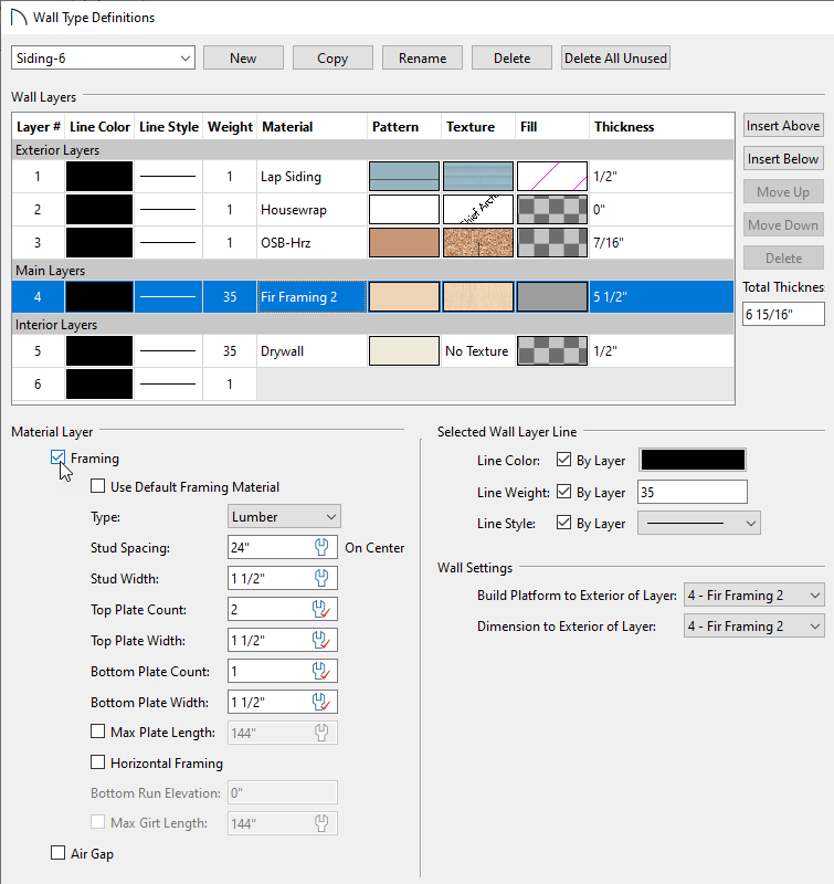 Ensure that the framing layer in the Wall Type Definitions dialog is set to be framing