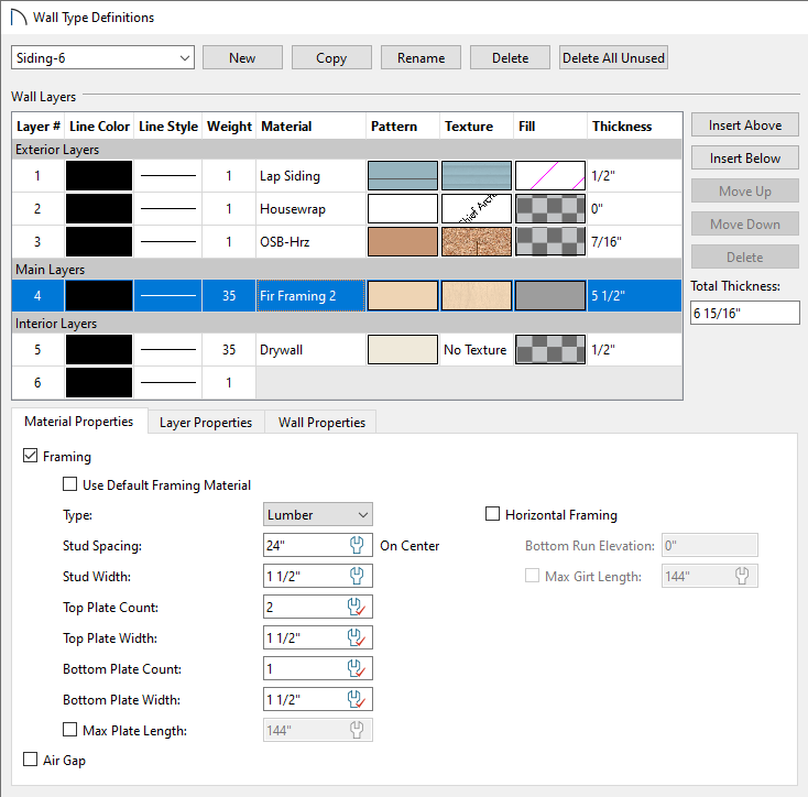 Ensure that the framing layer in the Wall Type Definitions dialog is set to be framing