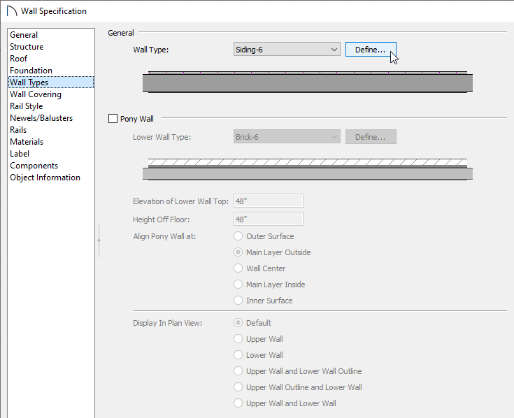 Click on the Define button located next to the Wall Type drop-down in the Wall Specification dialog