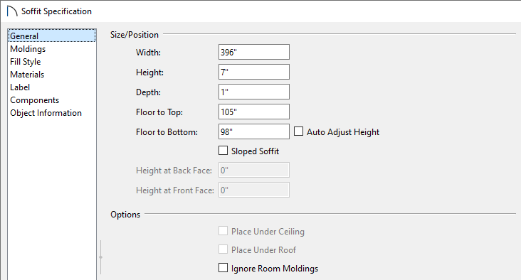 General panel of the Soffit Specification dialog