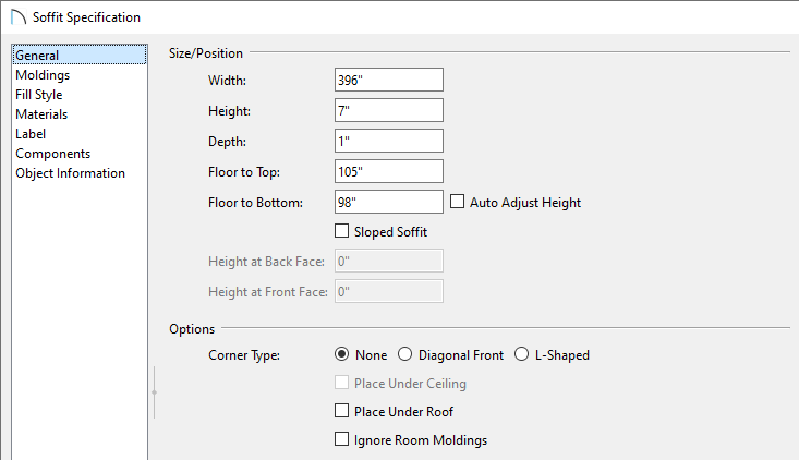 General panel of the Soffit Specification dialog