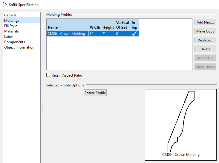 Moldings panel of the Soffit Specification dialog