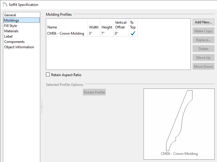 Moldings panel of the Soffit Specification dialog