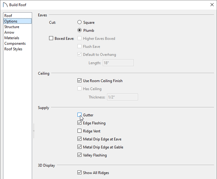 Options panel of the Build Roof dialog