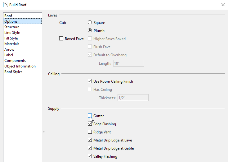 Options panel of the Build Roof dialog