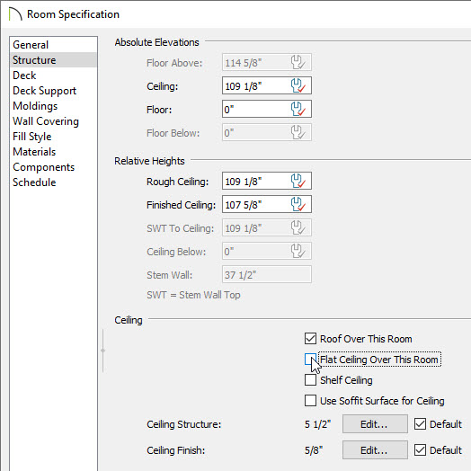 unchecking flat ceiling over the room in the room specification dialog