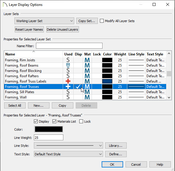 Updating Layer Display settings for roof truss framing