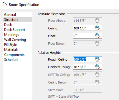 structure option in room specification dialog for rough ceiling height