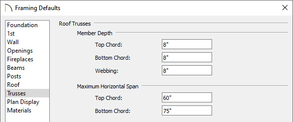 truss framing defaults 