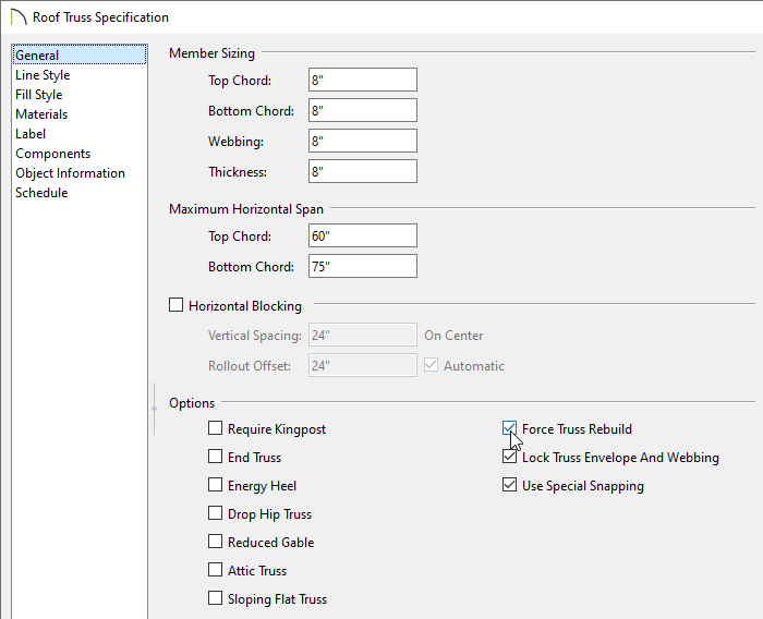 General panel of the Roof Truss Specification dialog