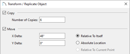 Transform Replicate Object dialog where copies can be specified