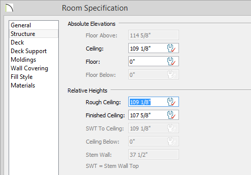 Room Specification dialog - Structure panel Room Specification dialog - Structure panel - Rough Ceiling set to 109 1/8