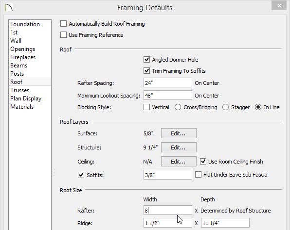Framing Defaults dialog - Roof panel Changing the rafter width on the Roof panel of the Framing Defaults dialog