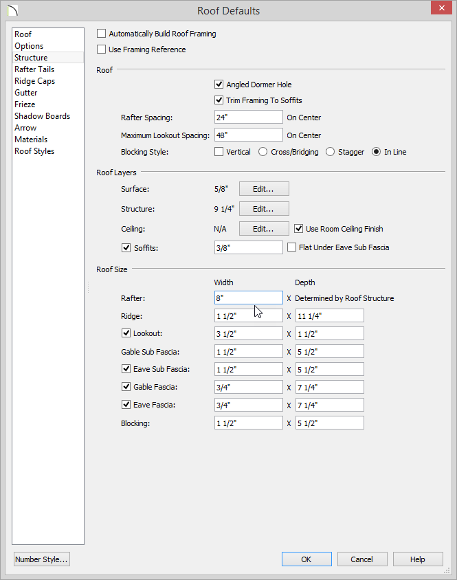 Roof Defaults - Structure panel Roof Defaults dialog with eight inches set for Rafter Width on the Structure panel