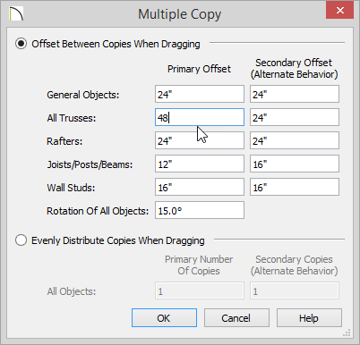 Multiple Copy Multiple Copy dialog with 48 inches entered for Primary Offset of All Trusses