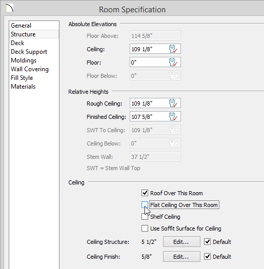 Room Specification dialog - Structure panel Room Specification dialog - Structure panel - Flat Ceiling Over This Room deselected
