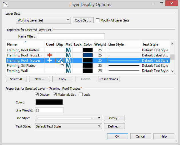 Layer Display Options Layer Display Options dialog with Framing, Roof Trusses set to Display