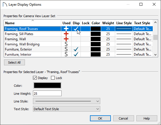 Turning the display of the Framing, Roof Trusses layer on in the Layer Display Options dialog.