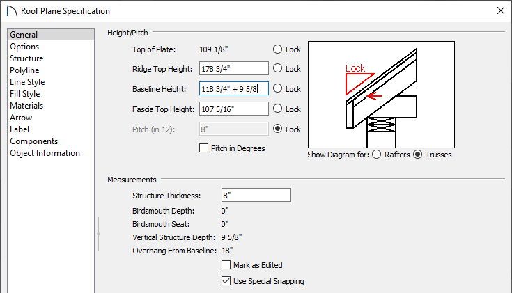 General panel of the Roof Plane Specification dialog