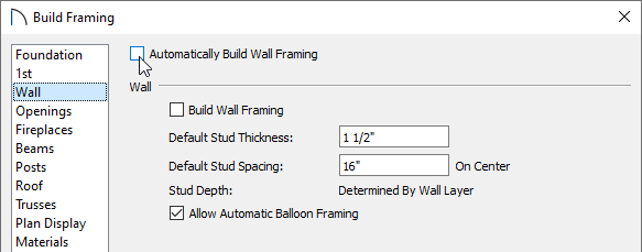 Uncheck the Automatically Build Wall Framing box on the Wall panel fo the Build Framing dialog